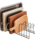 Super Sturdy Stainless Steel Pot Lid Organizer And Cutting Board Rack That Handles Bakeware Pots Pans Serving Trays And Storage Containers Directly Inside Kitchen with wood and metal trays.