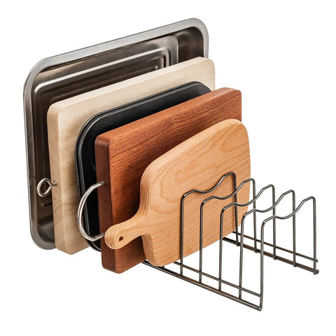 Super Sturdy Stainless Steel Pot Lid Organizer And Cutting Board Rack That Handles Bakeware Pots Pans Serving Trays And Storage Containers Directly Inside Kitchen with wood and metal trays.