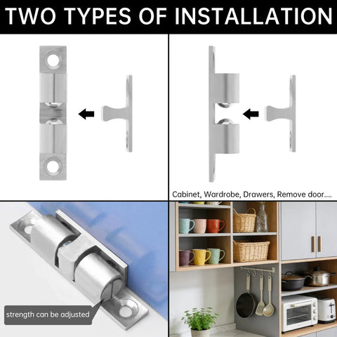 12 Pack Heavy Duty Double Ball Tension Roller Cabinet Catch Latch For Cabinets And Furniture Doors 60mm Solid Brass Closet Door Hardware With Screws And Tape Silver Finish shown with installation guide and usage examples