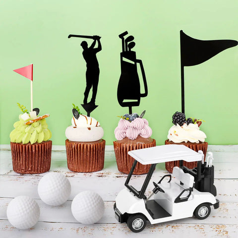 21 Piece Golf Cake Decorations Kit Featuring Mini Golf Cart Toy Acrylic Flags And Lush Green Trees For A Hella Sweet Golfer Birthday Bash And Party Table Centerpiece with cupcakes and golf balls