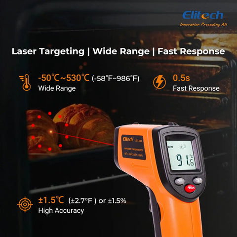 Non-Contact Infrared Temperature Gun With Laser Targeting, Adjustable Emissivity, Backlit Display, Handheld Digital Thermometer for Oven Use