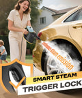 Woman using a heavy duty handheld steam cleaner on a car tire for powerful steam cleaning. Perfect for kitchens, cars, and upholstery.