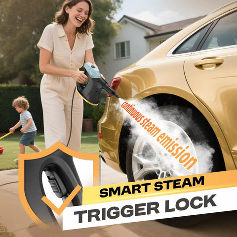 Woman using a heavy duty handheld steam cleaner on a car tire for powerful steam cleaning. Perfect for kitchens, cars, and upholstery.