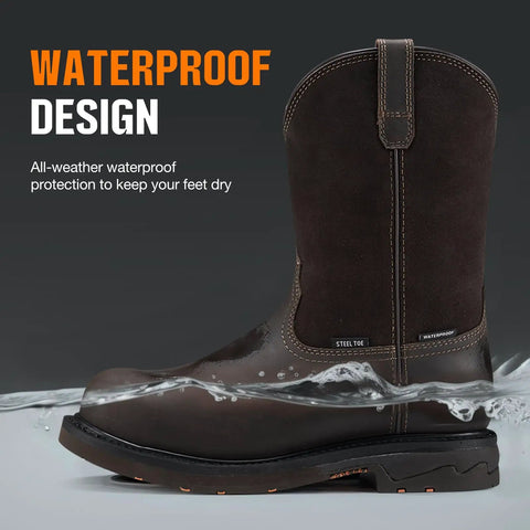 Side view of Steel Toe Waterproof Wellington Style Mens Work Boots With Full Grain Leather Pull On Non Slip EH Protection