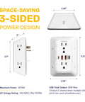 Heavy Duty Multi Plug Wall Outlet Extender Pack With Six AC Receptacles And Four USB Ports Delivering 20W Fast Charge, side view and dimensions.