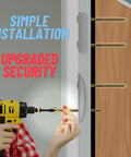 Person installing reinforced door screw kit with 3 inch long hardened screws and screwdriver bit for strike plates deadbolt plates and hinges kick resistant home security upgrade for homes and apartments.