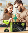 Couple exchanging gifts beside Cordless Leaf Blower Dust Cleaner Portable Handheld With 2x 4.0Ah Batteries 180000 RPM Air Duster box.