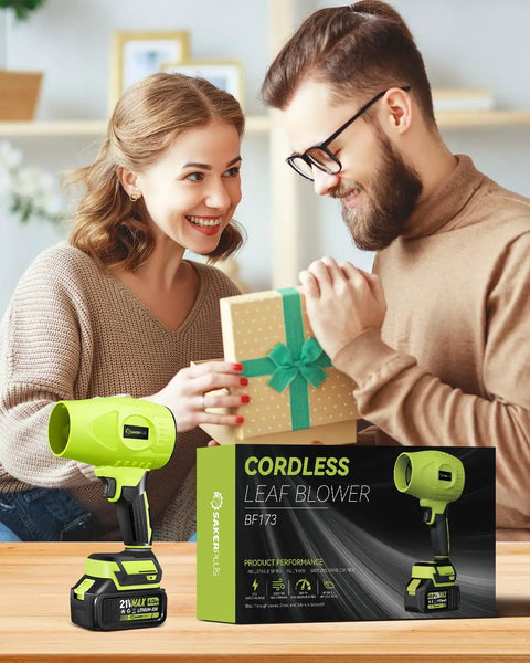 Couple exchanging gifts beside Cordless Leaf Blower Dust Cleaner Portable Handheld With 2x 4.0Ah Batteries 180000 RPM Air Duster box.