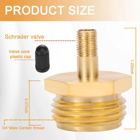 Beast RV Brass Blow Out Plug Adapter 3/4 Inch GHT with Schrader valve and garden hose thread, shown with size measurements