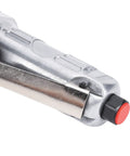 Close-up of Heavy Duty Pneumatic Angle Grinder Four Inch Generating Kickass Eleven Thousand Rpm Torque handle and trigger button.