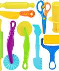 Nine-piece toy dough tool set in bright plastic with rolling pins, cutters, safety scissors, knife, spatula and scraper