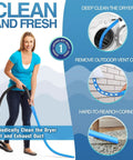 Woman using All In One Dryer Vent Cleaning Kit With Flexible Lint Vacuum Attachment For Most Vacuums, Easy Seal Tight Fit For Maximum Suction, Helps Prevent Dryer Fires And Boost Dryer Efficiency, Blue, demonstrating cleaning efficiency.