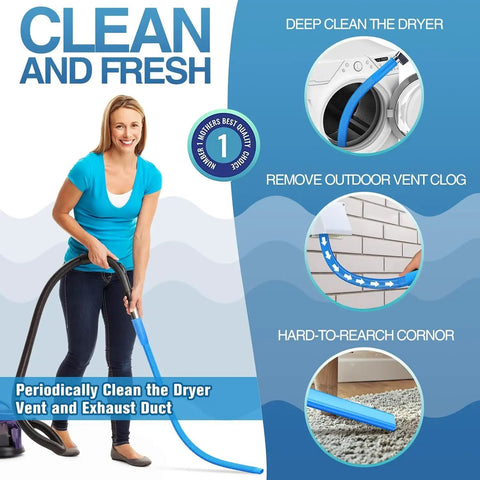 Woman using All In One Dryer Vent Cleaning Kit With Flexible Lint Vacuum Attachment For Most Vacuums, Easy Seal Tight Fit For Maximum Suction, Helps Prevent Dryer Fires And Boost Dryer Efficiency, Blue, demonstrating cleaning efficiency.