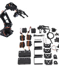 Heavy Duty 6DOF Mechanical Arm Claw Kit With Dual Power Control For College Teaching Maker Education And Small Scale Industrial Robot Manipulator Projects Using High Torque Servo Motors components and assembled robotic arm on display.