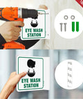 Eye Wash Station Sign 2 Pack 6 By 6 Inches Acrylic Signs With Pre Drilled Holes Including Screws For Office And Business Use UV Resistant Waterproof No Fade being installed on a wall and shown close-up.
