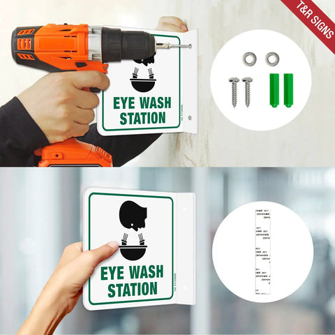 Eye Wash Station Sign 2 Pack 6 By 6 Inches Acrylic Signs With Pre Drilled Holes Including Screws For Office And Business Use UV Resistant Waterproof No Fade being installed on a wall and shown close-up.