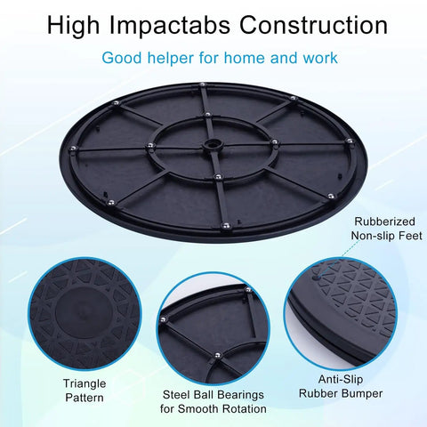12 Inch Lazy Susan Turntable Organizer with heavy duty rotating swivel, black surface, steel ball bearings, anti-slip design.