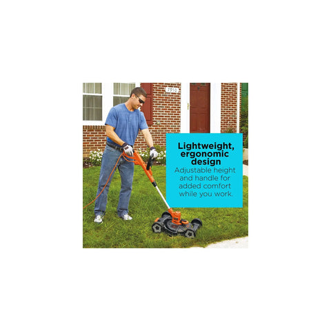 Man using 3-In-1 Electric Lawn Mower, Trimmer And Edger with 6.5 Amp Motor, 12 Inch Cutting Width, corded power for quick yard cleanup