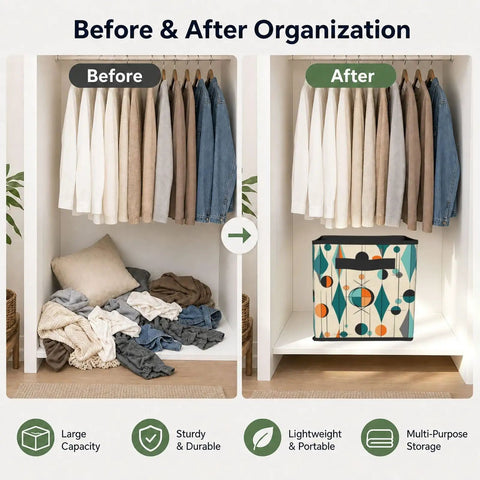 Before and after closet organization with Premium Heavy Duty Foldable Storage Cubes With Reinforced Handles Mid Century Geometric.