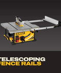 Heavy Hitter 10 Inch Contractor Table Saw With Durable Rolling Stand And Precision Rack Pinion Fence System For No Fuss Assembly And Effortless Wood Cutting All Week Long, featuring telescoping fence rails.