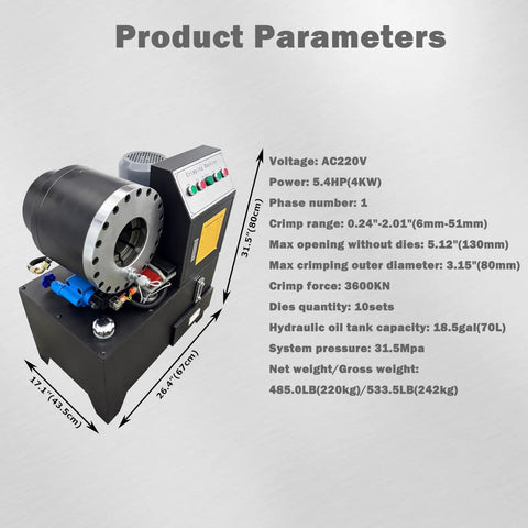 Badass Heavy Duty Electric Hose Crimper With Ironclad Steel Frame And Pro Grade Hydraulic Pipe Press for 6mm to 50mm tubing parameters.