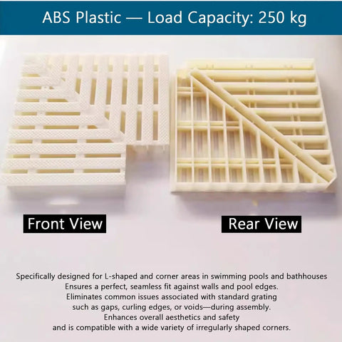 Heavy Duty Right Angle Pool Drain Grate Set Of Two, 90 Degree Corner Bath Floor Drain Cover in ABS plastic, front and rear views.