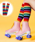DIY Sublimation Blank Socks Kit With 2 Metal Straight Sock Jigs And 2 Pairs Of Blank Socks showing rainbow socks and pink skates