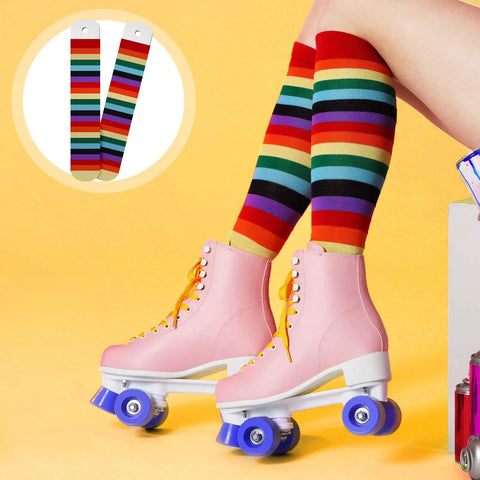 DIY Sublimation Blank Socks Kit With 2 Metal Straight Sock Jigs And 2 Pairs Of Blank Socks showing rainbow socks and pink skates