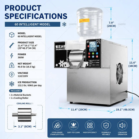 Commercial Snow Cone Machine Heavy Duty Stainless Steel Ice Shaver No Sweat Snowflake Maker Pro Grade Electric Slicer dimensions and specs.