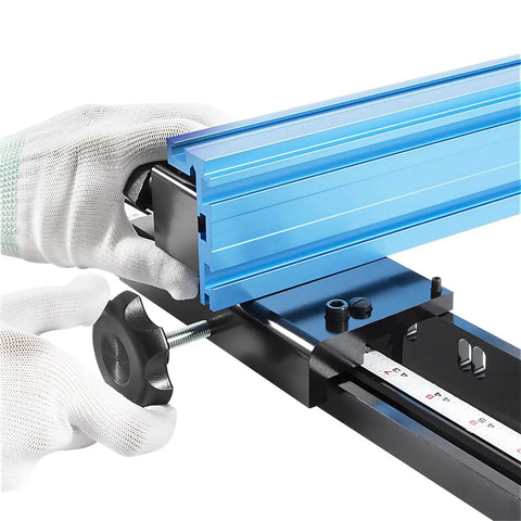 14 Inch Bandsaw Fence Fits Jet Delta General Grizzly And More Heavy Duty Precision Alignment With T Slots For Stops Easy Mount Upgrade Your Rips And Jogs Beefy Steel Construction, close-up of blue aluminum fence with gloved hands adjusting knob, detailed view of T-slot and ruler guide.