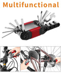 Sixteen In One Bicycle Repair Toolkit with Tire Patch Kit, Chain Repair Wrench, Mini Pump, showing multifunctional bike tools.