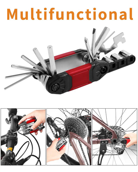 Sixteen In One Bicycle Repair Toolkit with Tire Patch Kit, Chain Repair Wrench, Mini Pump, showing multifunctional bike tools.
