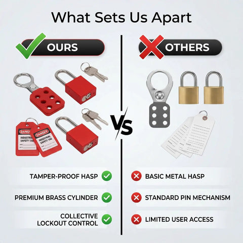 Comparison chart of 6 Hole Lockout Tagout Hasps for Group Gear Maintenance with Non Conductive Nylon Handle and Aluminum Locks
