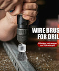 Person using 9 Piece Drill Wire Brush Set with Crimped End Knotted Brushes in 0.8, 1, and 1.2 inch sizes on metal surface