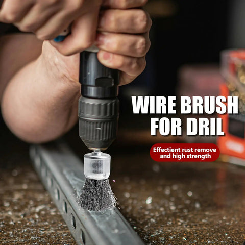 Person using 9 Piece Drill Wire Brush Set with Crimped End Knotted Brushes in 0.8, 1, and 1.2 inch sizes on metal surface