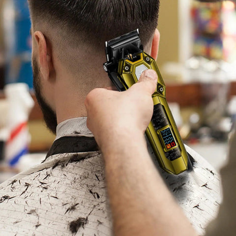 Cordless Barber Clipper And Trimmer Set For Men With 10 Guide Combs USB Rechargeable LED Display Precise Cutting in use