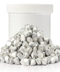 Pure Aluminum Pellets Ninety Nine Point Six Percent High Purity For Metal Casting And Melting One Pound in front of white container