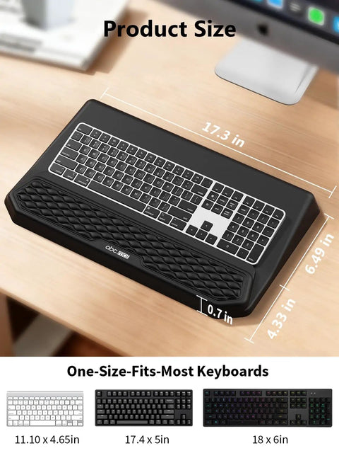 2-In-1 Ergonomic Keyboard Stand With Built-In Wrist Rest For All-Day Comfort shown in black with size dimensions