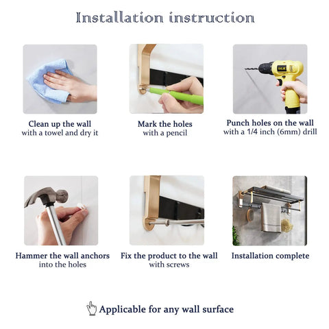 Installation steps for 24 Inch Towel Rack Wall Mounted Adhesive No Drill Towel Storage Shelf With 5 Hooks, showing tools and process