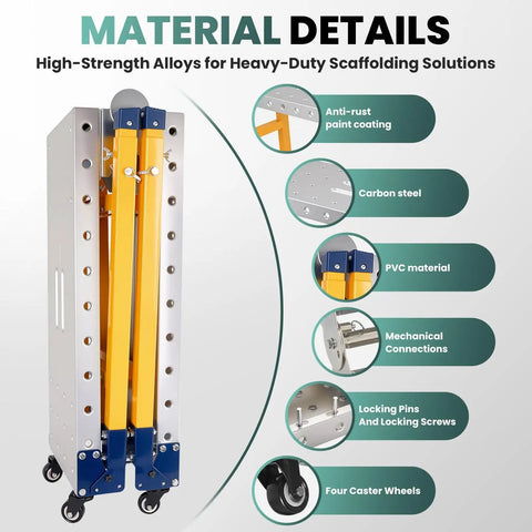 Material details of Rock Solid Zero Flex Heavy Duty 1200 LBS Welding Table Portable Folding Workbench with a focus on carbon steel and PVC.