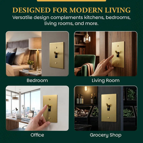 Heavy Duty Solid Brass And Steel Toggle Light Switch 1 Gang Kit With Gold Finish Wall Plate UL Listed in various room settings