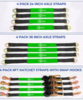 Heavy Duty Car Trailer Ratchet Tie Down Straps With Snap Hooks And Axle Loops 2 Inch Wide 8 Feet Long 10000lb Break Strength 4 Pack displayed.