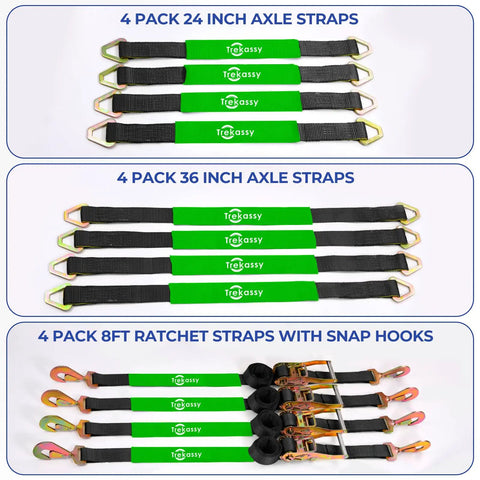 Heavy Duty Car Trailer Ratchet Tie Down Straps With Snap Hooks And Axle Loops 2 Inch Wide 8 Feet Long 10000lb Break Strength 4 Pack displayed.