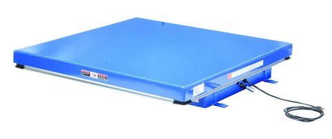 Rugged Electric Hydraulic Lift Table 48 X 48 Inch Steel Platform with blue finish for smooth material handling and garage use.