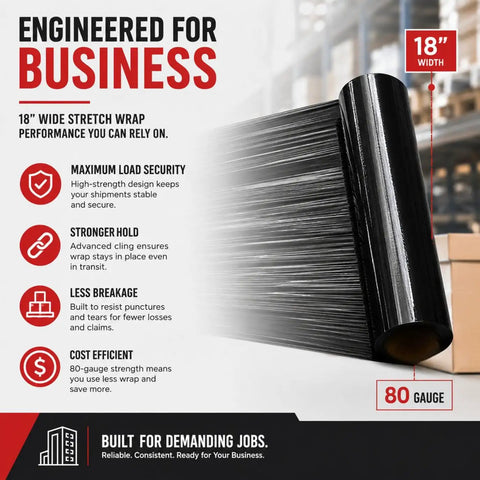 Heavy Duty Black 18 Inch Stretch Wrap 80 Gauge 20 Pack For Moving Furniture Protection And Pallet Wrapping, 18-inch roll