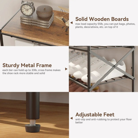 Product details of a Six Tier Shoe Rack With Large Capacity Built To Stash Up To 24 Pairs Of Shoes In A Tough Metal Frame With Rustic Brown And Black Finish For Entryways Hallways Closets Or Garages, showing solid wooden boards, sturdy metal frame, and adjustable feet.