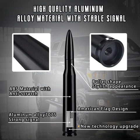 Flag Themed Car Truck Antenna With Valve Stem Caps Universal Mast Fits GM Chevy Silverado Ford F Series Denali Black Tough Weatherproof Easy Install For Off Road And Daily Driving featuring bullet shape and flag design