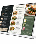Slick 23.8 Inch Countertop Digital Signage With Crisp IPS Panel And Peaky 500 Nit Glow For Coffee Shops Retail Stores And Sales Counters displaying a menu with food and drink options.