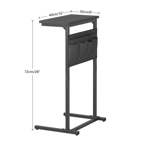 C Shaped End Table For Small Spaces With Storage Bag, Space Saving Couch Side Table, dimensions labeled, black