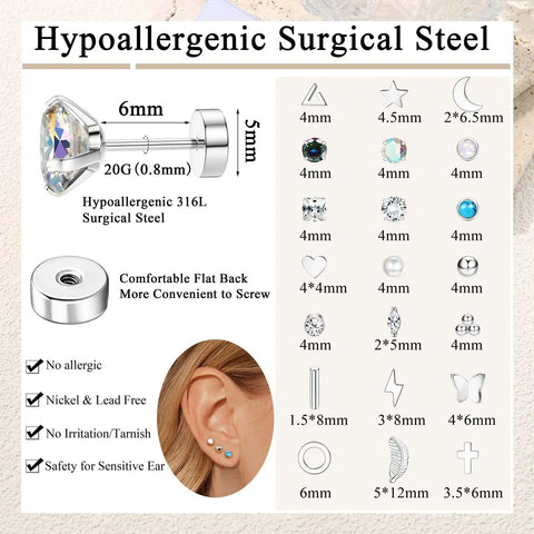 Hypoallergenic Flat Back Stud Earrings Set 21 Pairs Of Stainless Steel Earrings For Women Nickel Free And Lead Free Rust Proof And Tarnish Resistant Vacuum Plated Finish For Comfort. 316L flat back stud earring sizes and shapes chart